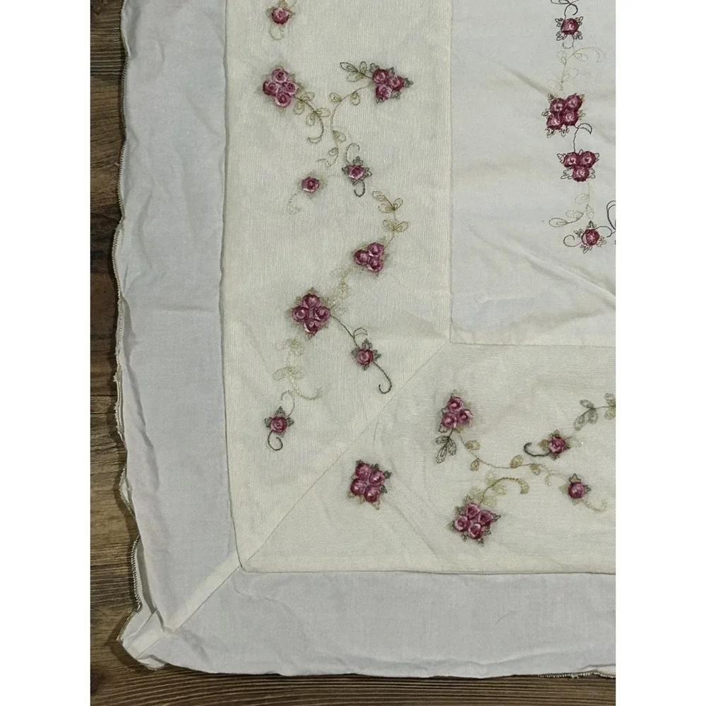 Throw Pillow Cover Bed Large Open Back Embroider Roses Pink Green Lace Inlay 27